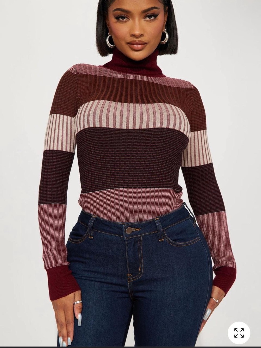 Striped Ribbed Turtleneck Sweater - Burgundy Pink